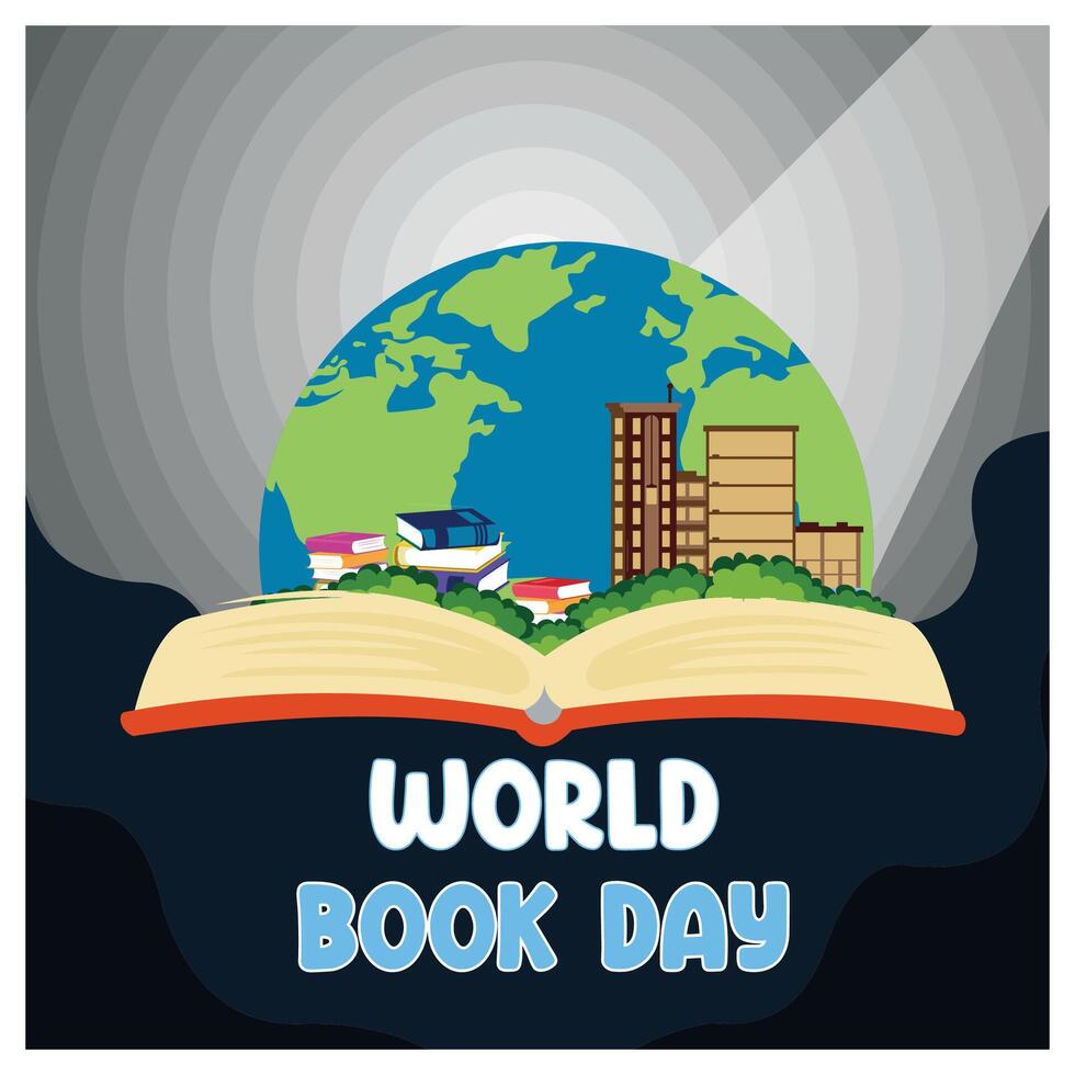 World book day 23 april. Stack of colorful books with open book on teal background. Flat modern illustration vector