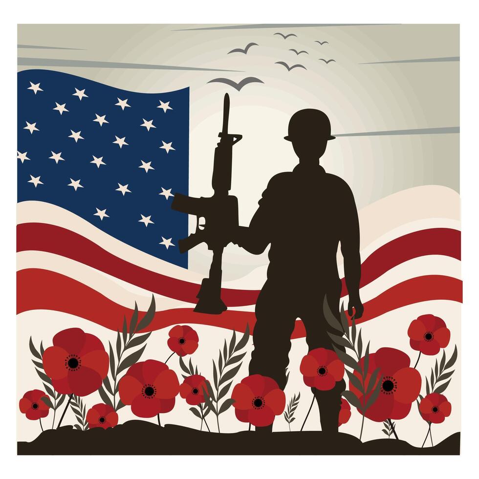 Silhouette of a soldier with red poppies. Memorial Day in America. Flat illustration. vector