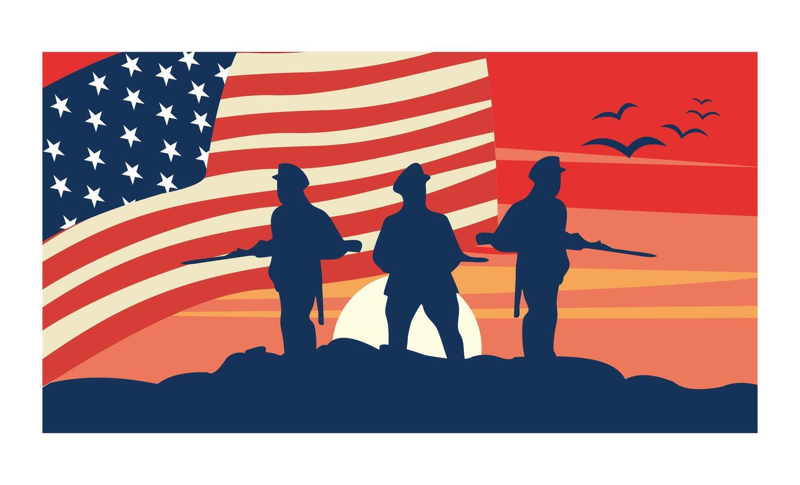 Silhouette of soldier with US flag. Veterans Day, Memorial Day, Independence Day. Flat illustration. vector