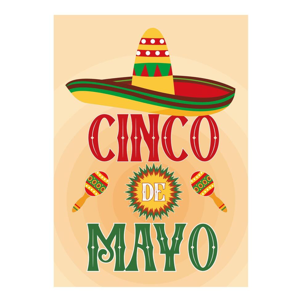 Cinco de Mayo emblem design with letters, sombrero and maracas holiday symbols. flat modern illustration vector