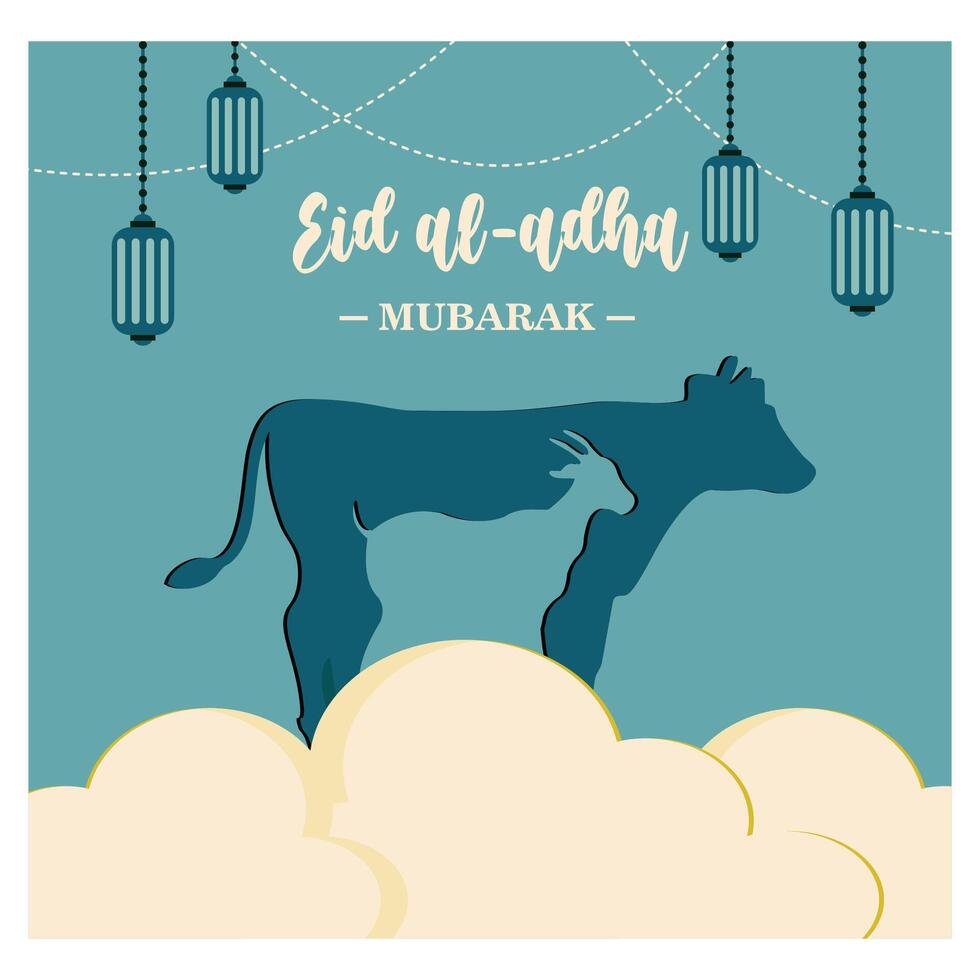 Eid Al Adha Mubarak celebration banner with moon and cow on blue night color background. flat modern illustration vector