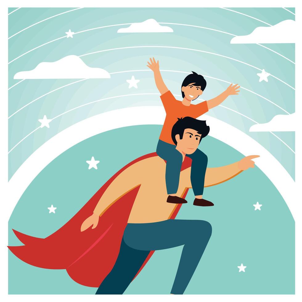 Dad in superhero costume holds son on his shoulders. Happy Father's day greeting card. flat modern illustration vector