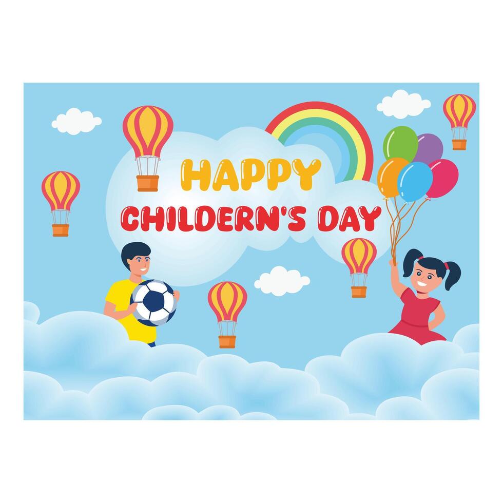 World Children's Day horizontal banner with happy children on clouds. flat modern illustration vector