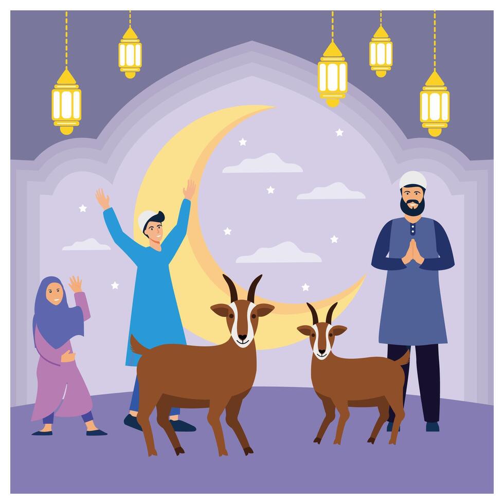 A father and his children are celebrating Eid al-Adha with their sheep. flat modern illustration vector