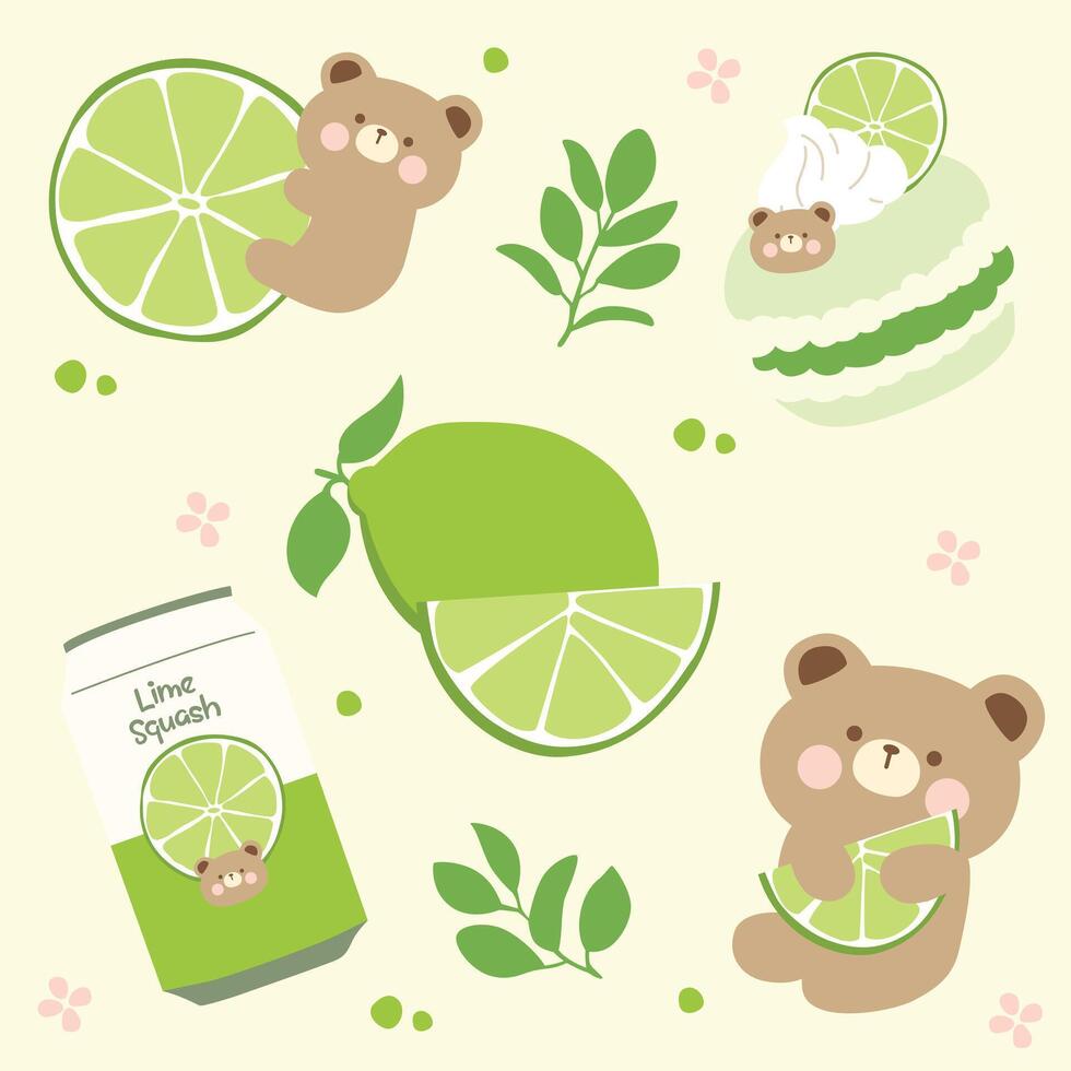 LIME AND CUTE BEAR STICKER SET vector