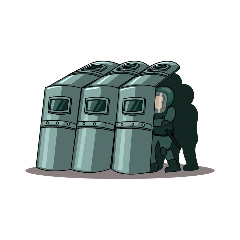 Riot Squad Police Officers Forming a Protective Barrier with Ballistic Shield Cartoon Illustration vector