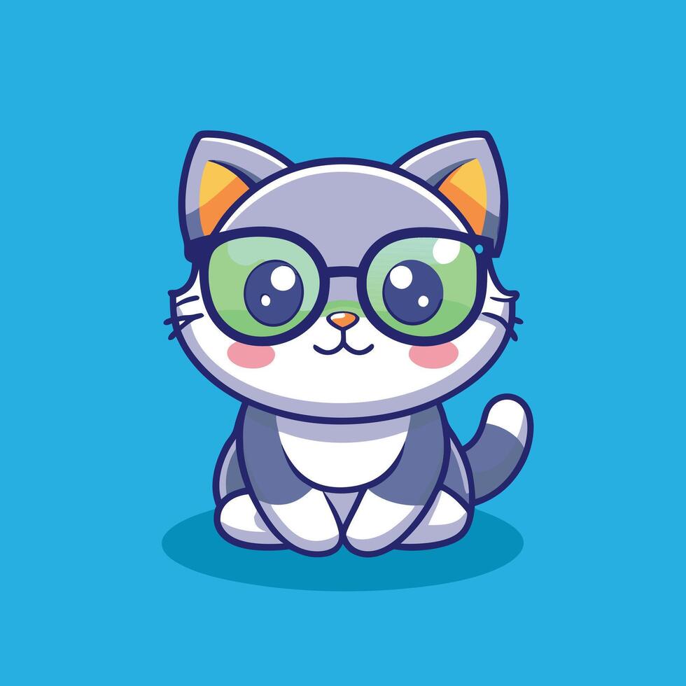 Cute Cat Wearing A Green Glasses Cartoon Icon Illustration. Animal Wildlife Icon Concept Isolated. Flat Cartoon Style Free vector