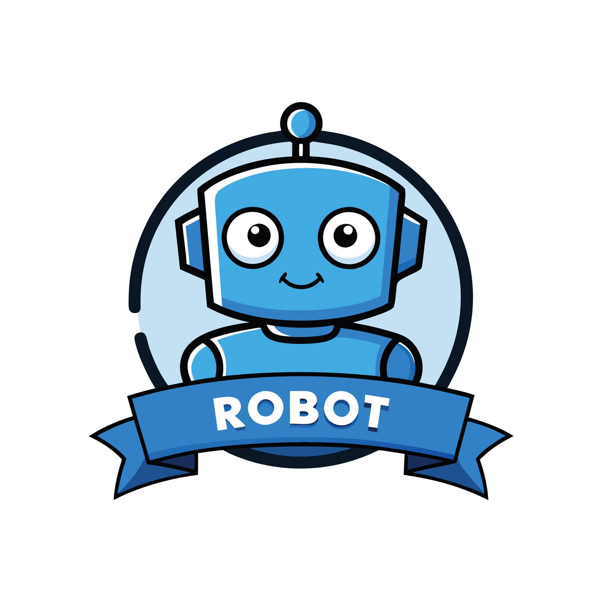 Blue robot with text robot badge design mascot logo design icon ...