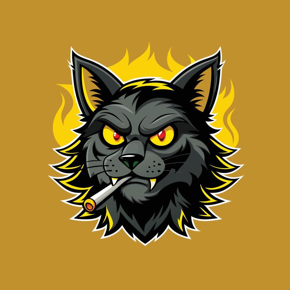 Black cat smoking mascot logo cigarette in cat mouth design icon vector