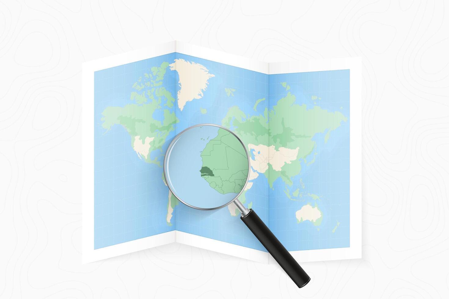 Enlarge Senegal with a magnifying glass on a folded map of the world. vector