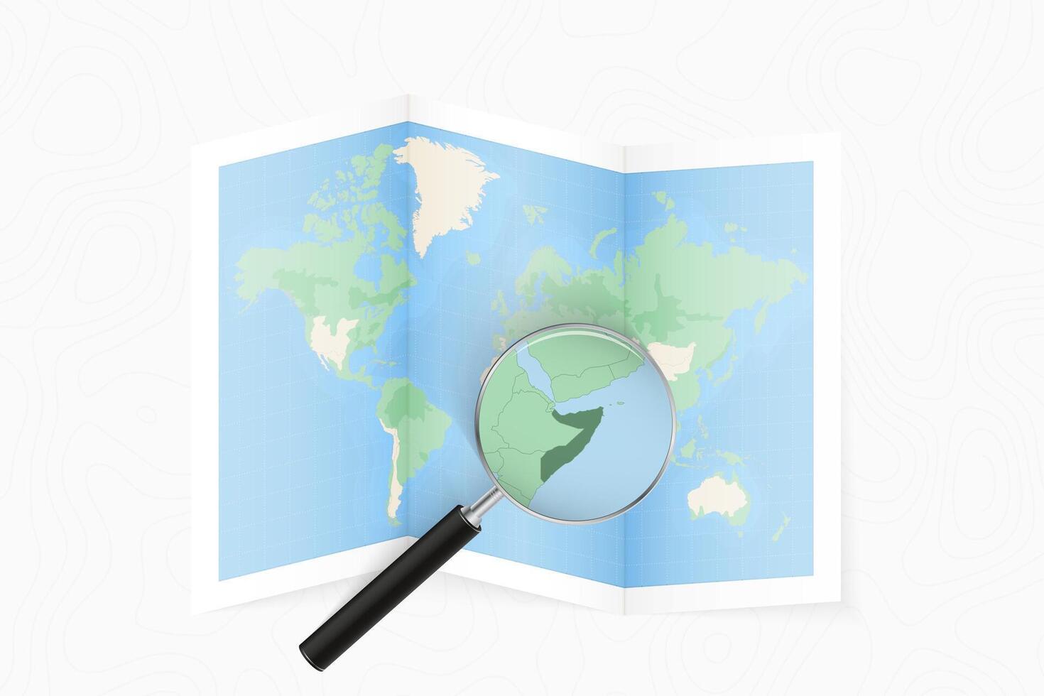 Enlarge Somalia with a magnifying glass on a folded map of the world. vector