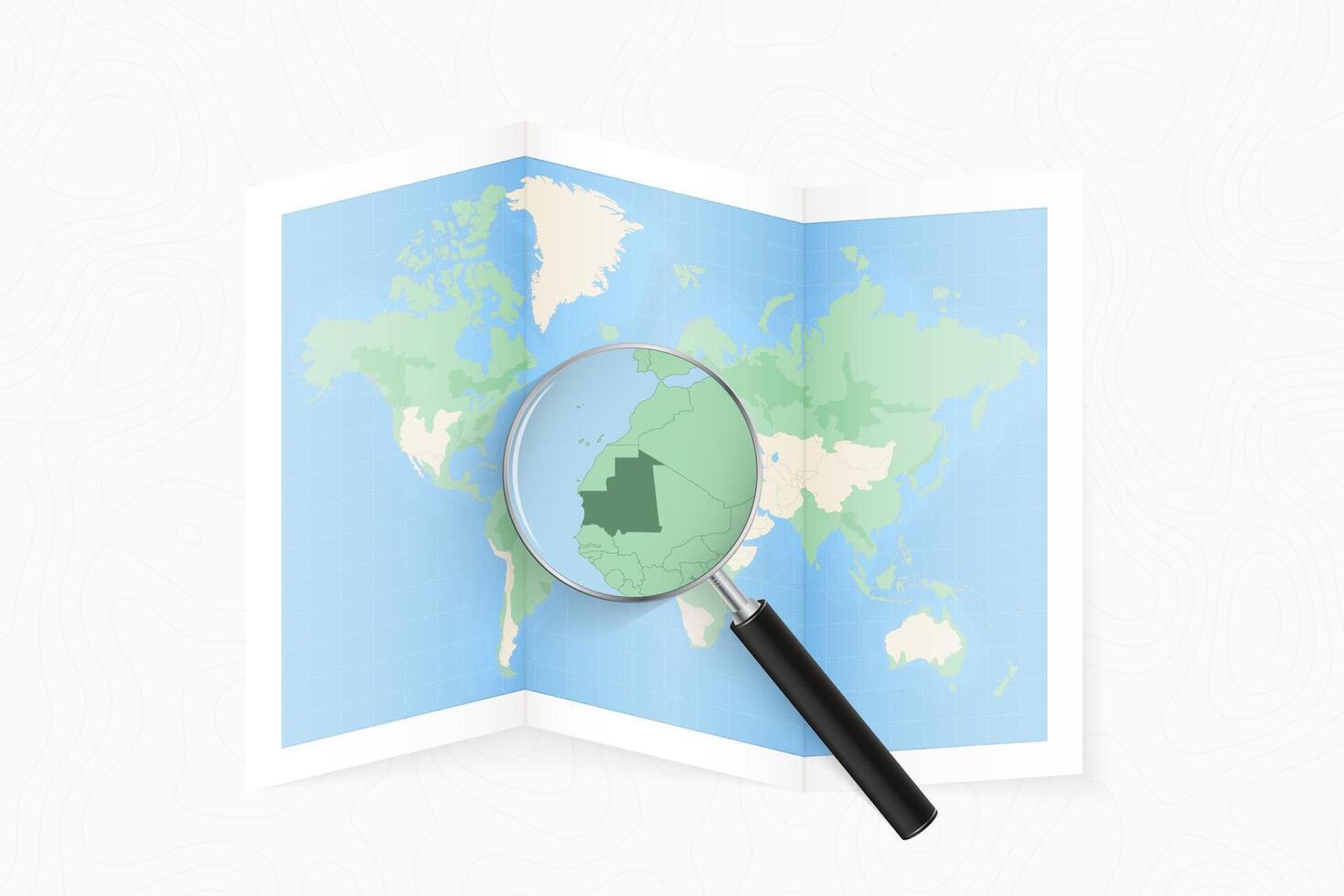 Enlarge Mauritania with a magnifying glass on a folded map of the world. vector