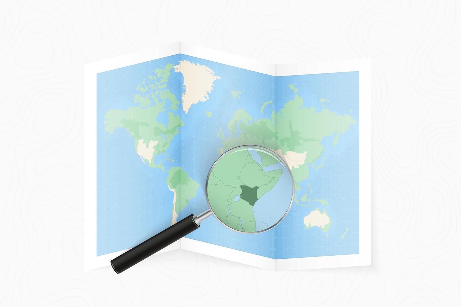 Enlarge Kenya with a magnifying glass on a folded map of the world. vector
