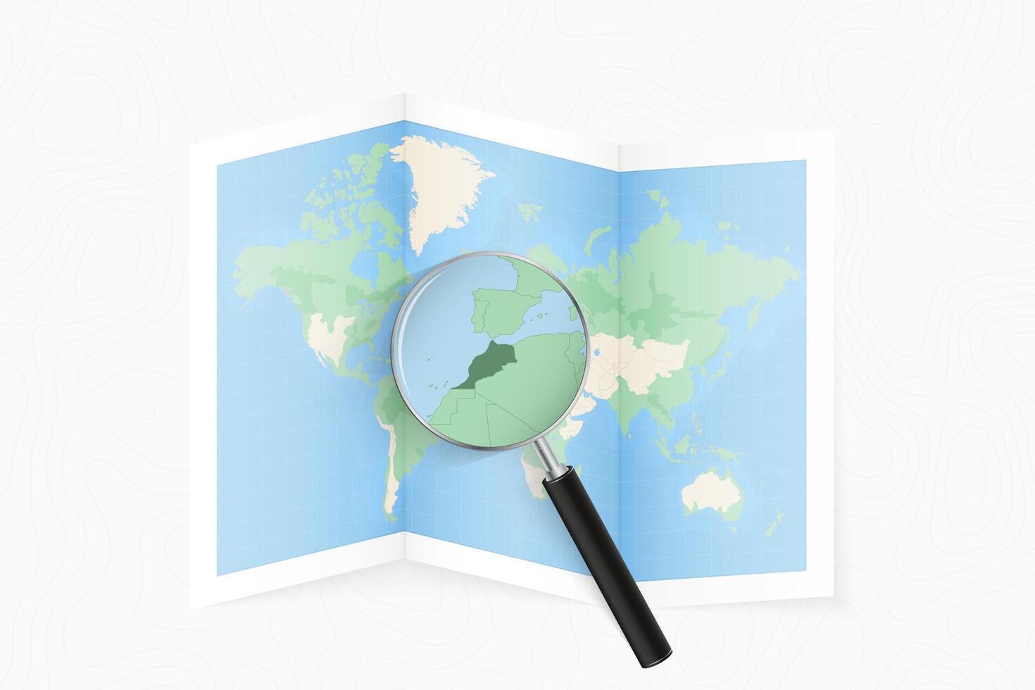 Enlarge Morocco with a magnifying glass on a folded map of the world. vector