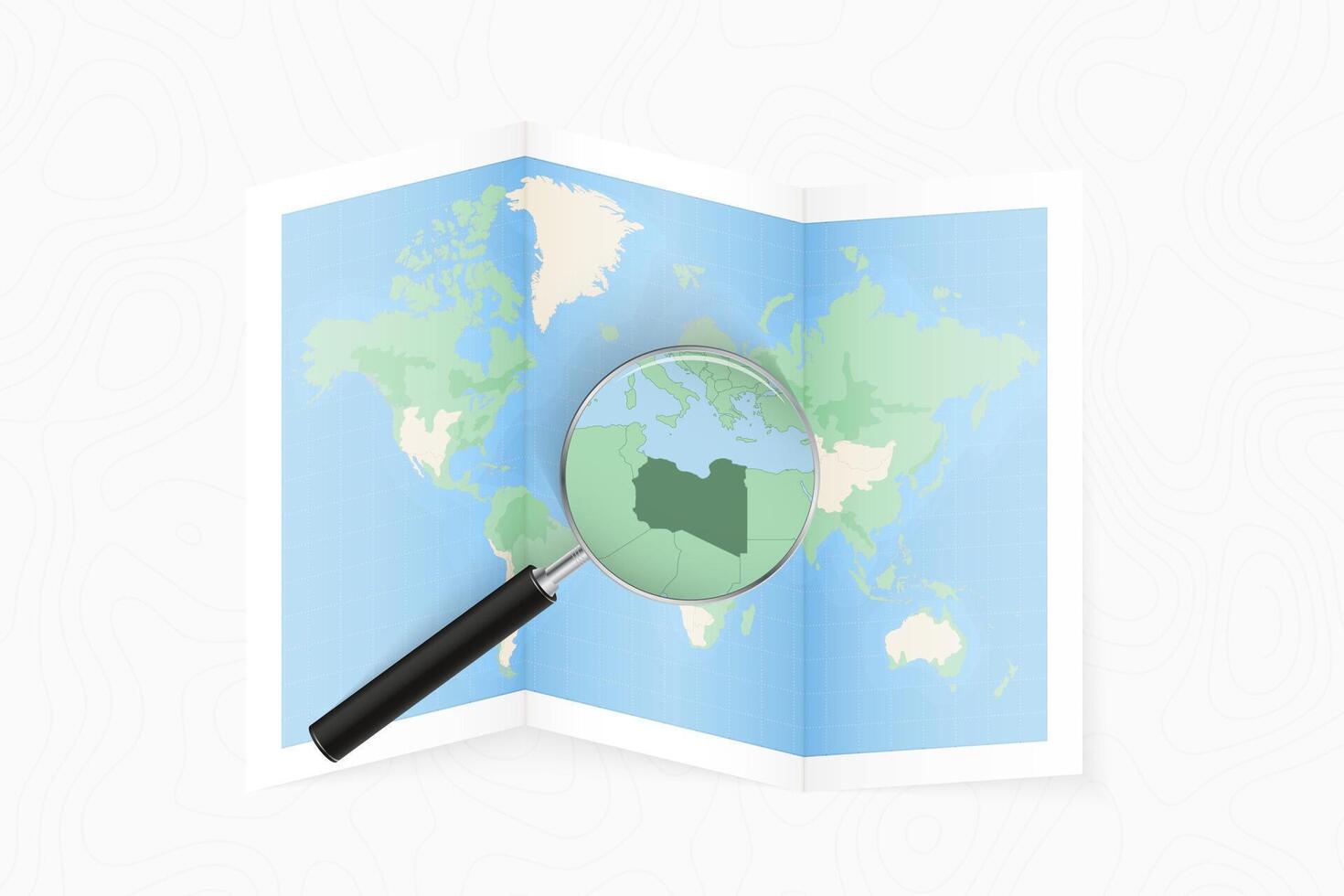Enlarge Libya with a magnifying glass on a folded map of the world. vector