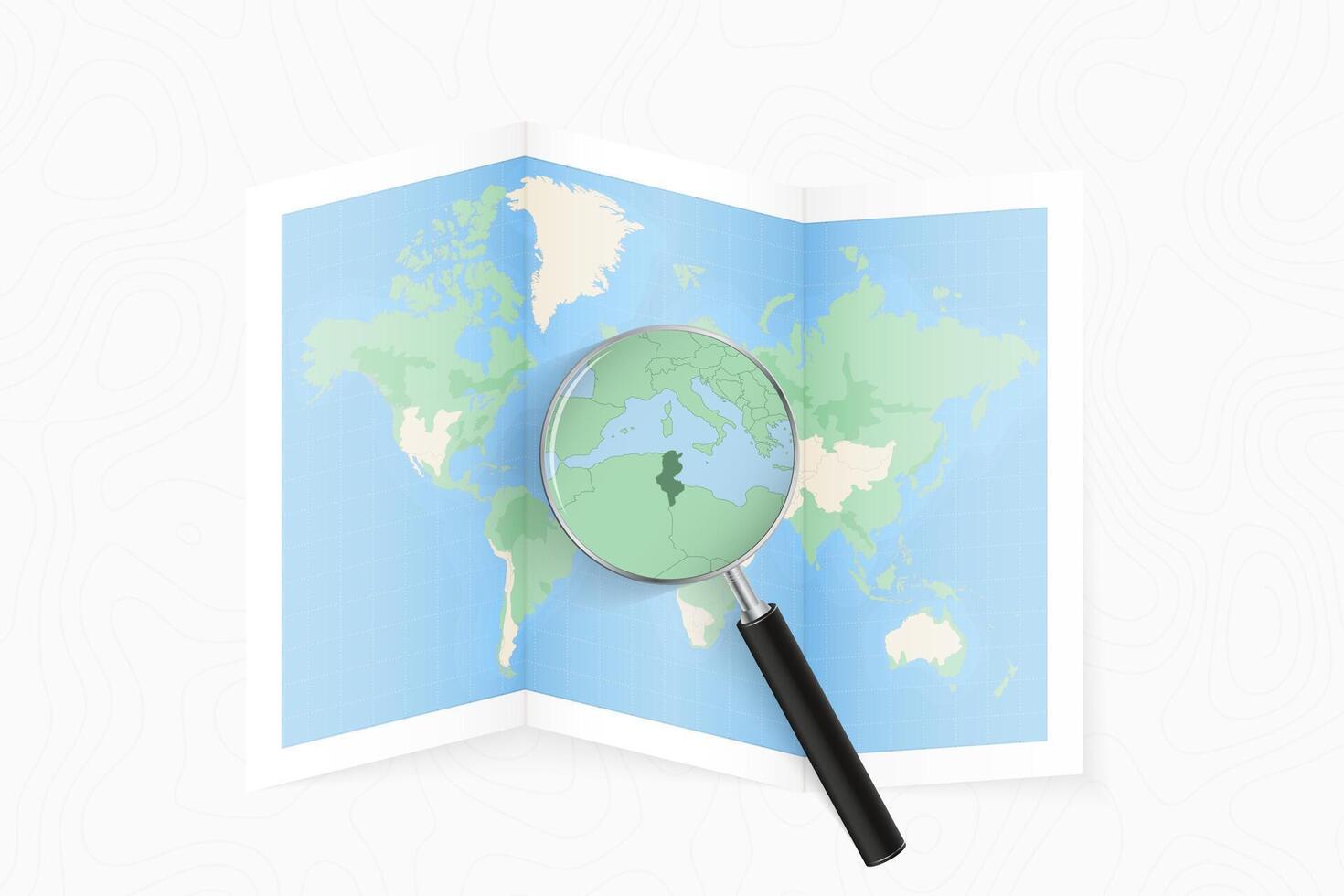 Enlarge Tunisia with a magnifying glass on a folded map of the world. vector