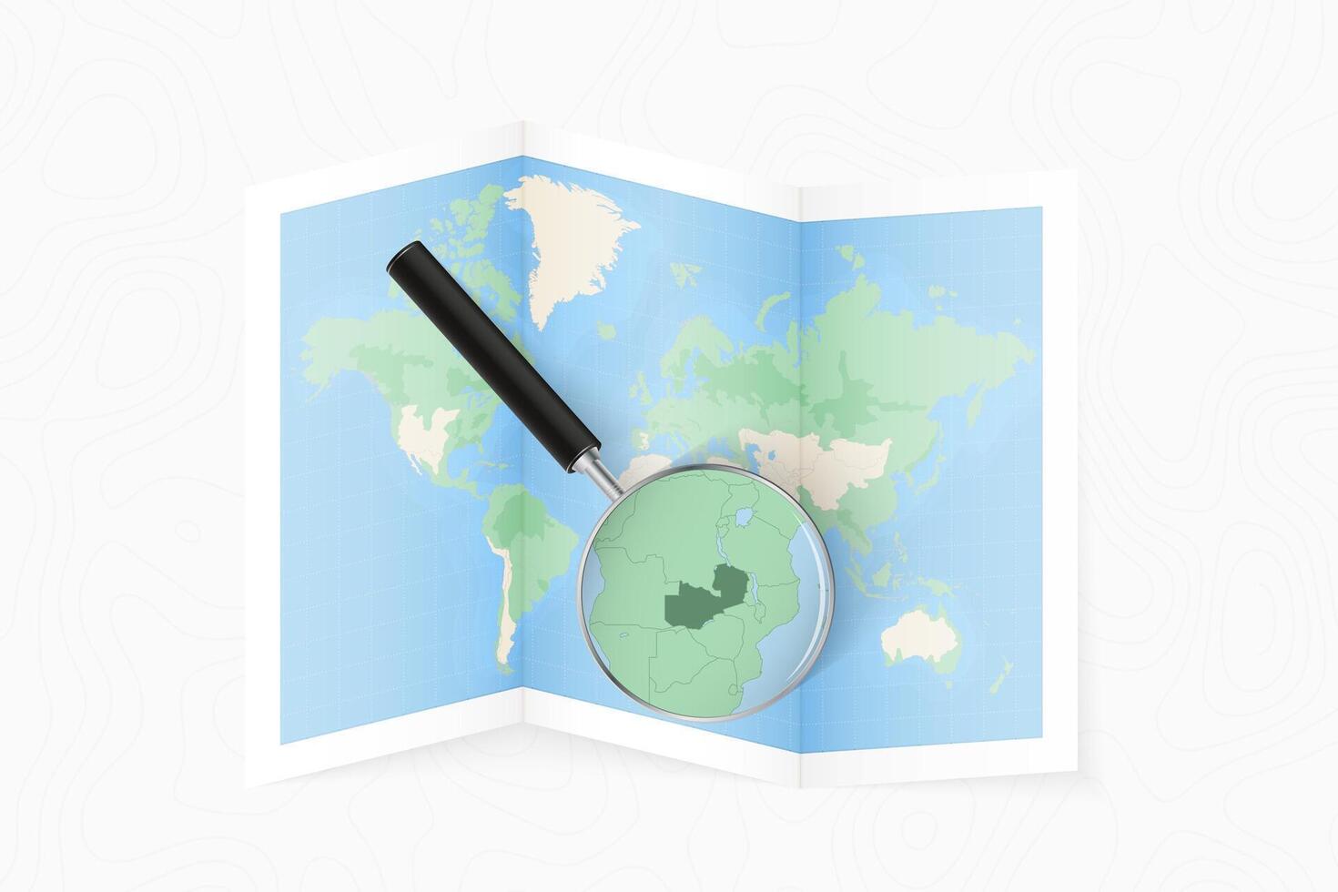 Enlarge Zambia with a magnifying glass on a folded map of the world. vector