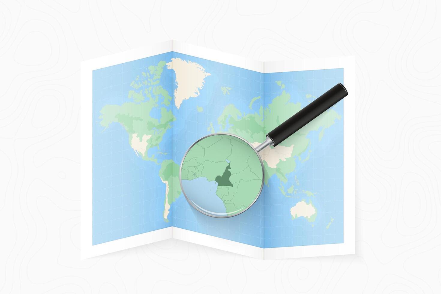 Enlarge Cameroon with a magnifying glass on a folded map of the world. vector