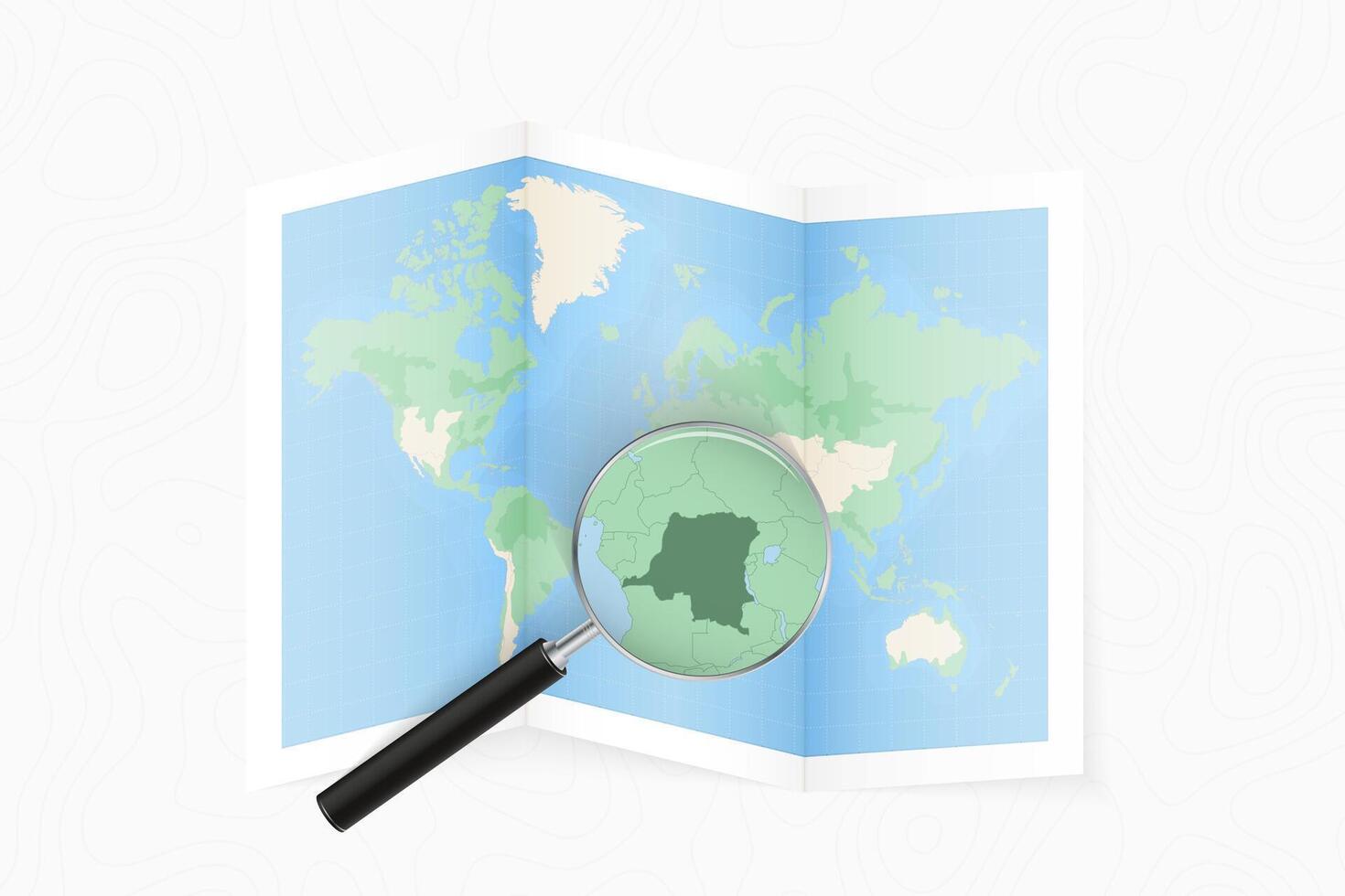 Enlarge DR Congo with a magnifying glass on a folded map of the world. vector