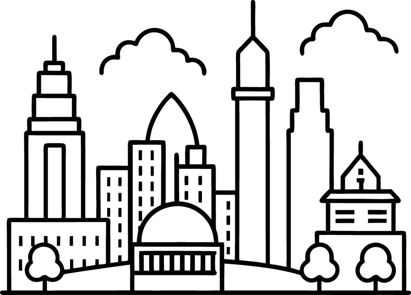 Encourage creativity with a kids coloring book featuring city skyline line art vector