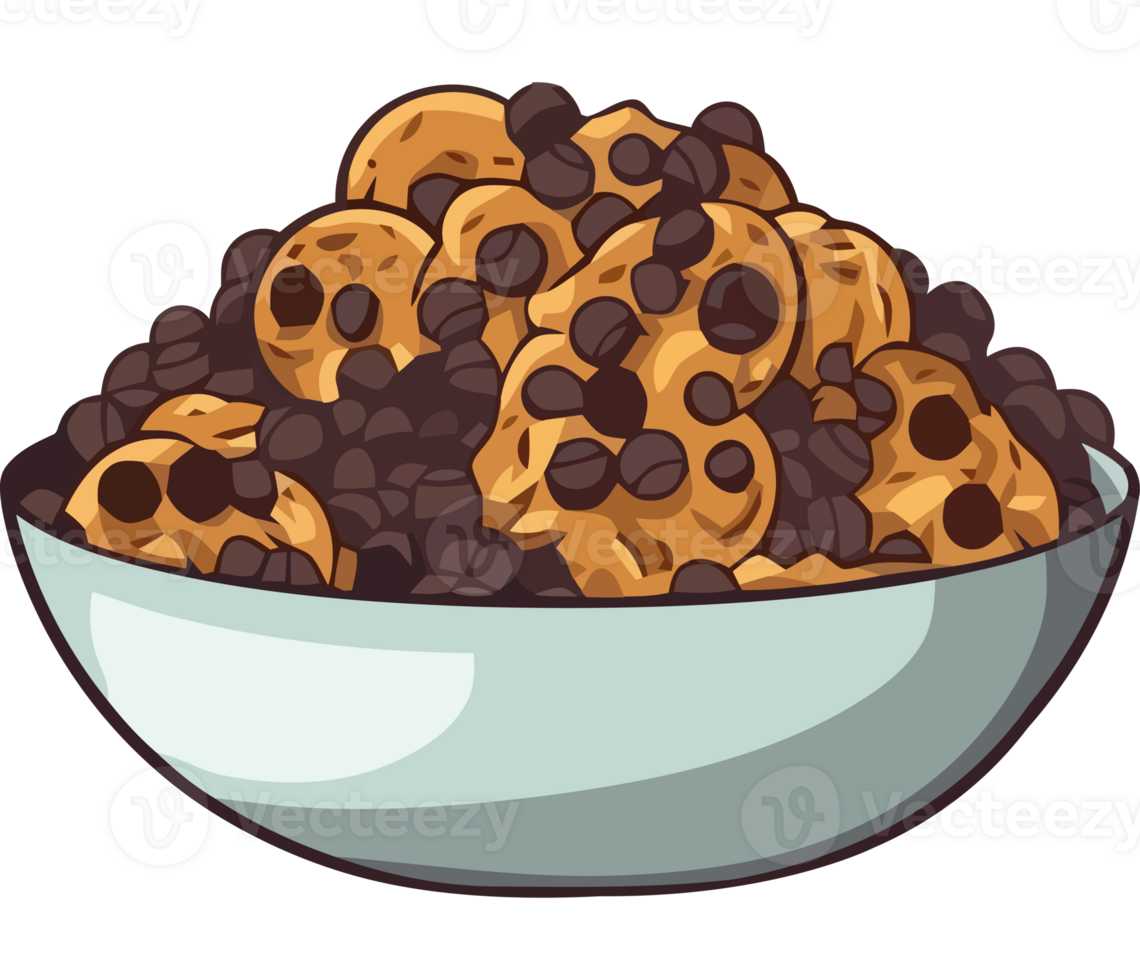 A bowl of chocolate chip cookies in a cartoon style png