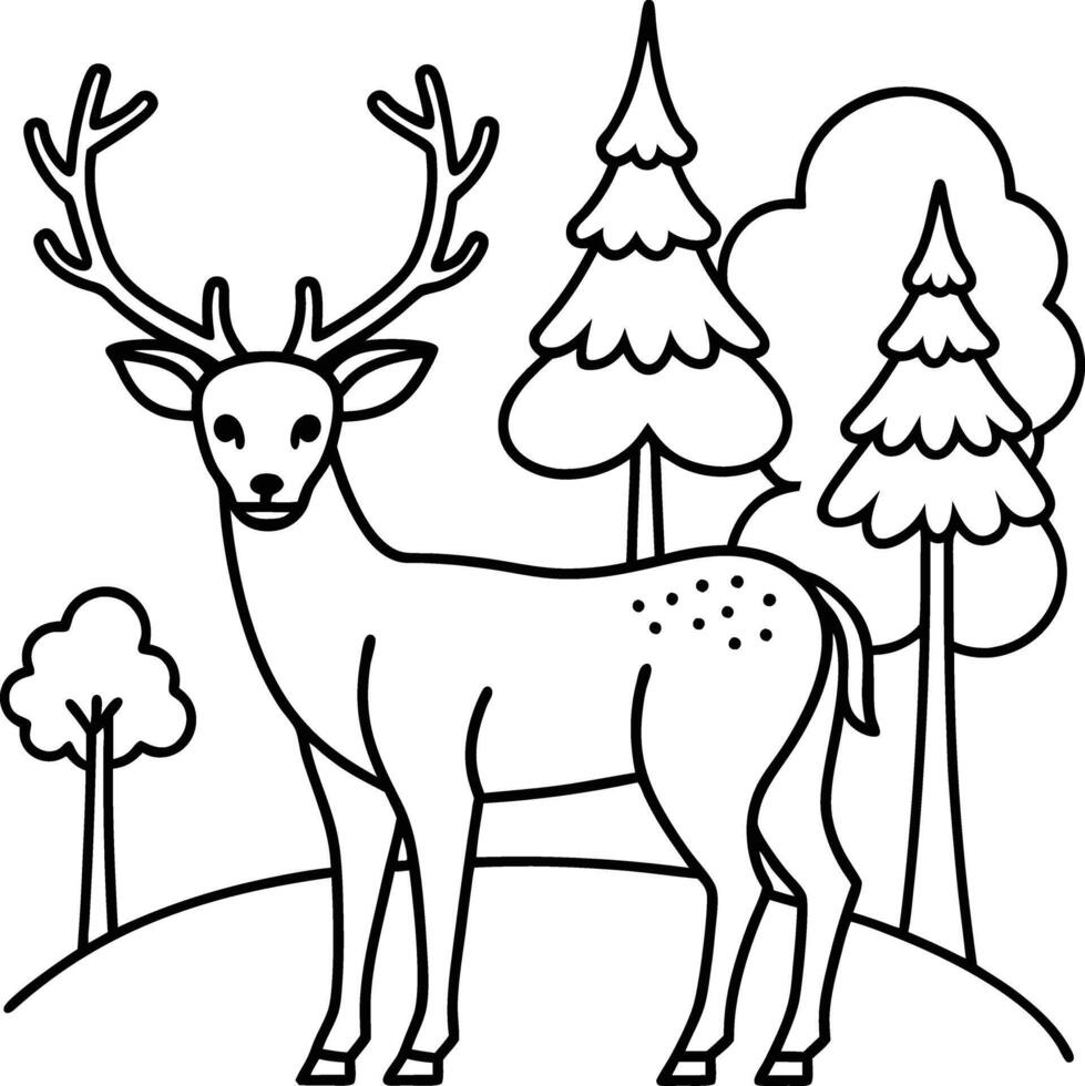 Cute deer coloring page with whimsical black and white design, perfect for young children to color and enjoy. vector