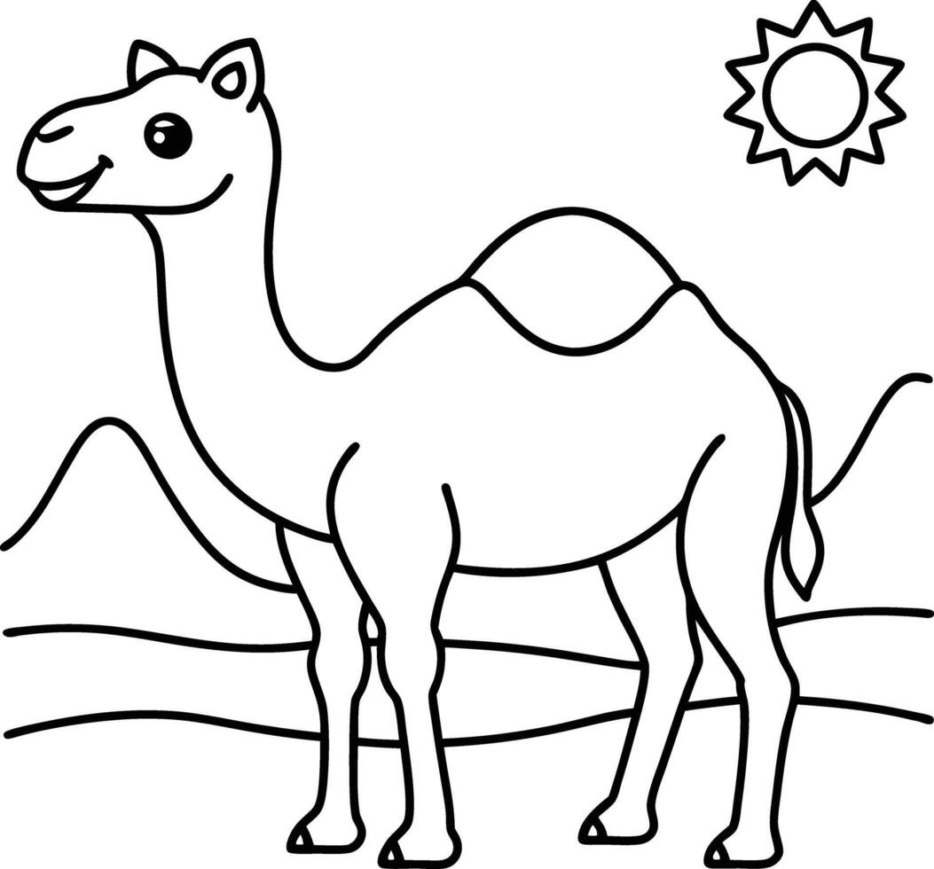 Cheerful camel coloring page with crisp black and white graphics ideal for fun and educational activities. vector