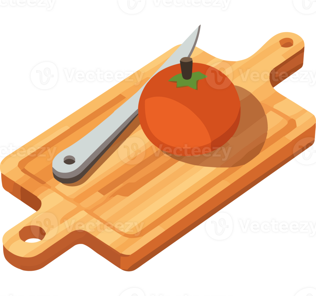 A tomato and knife on a cutting board png