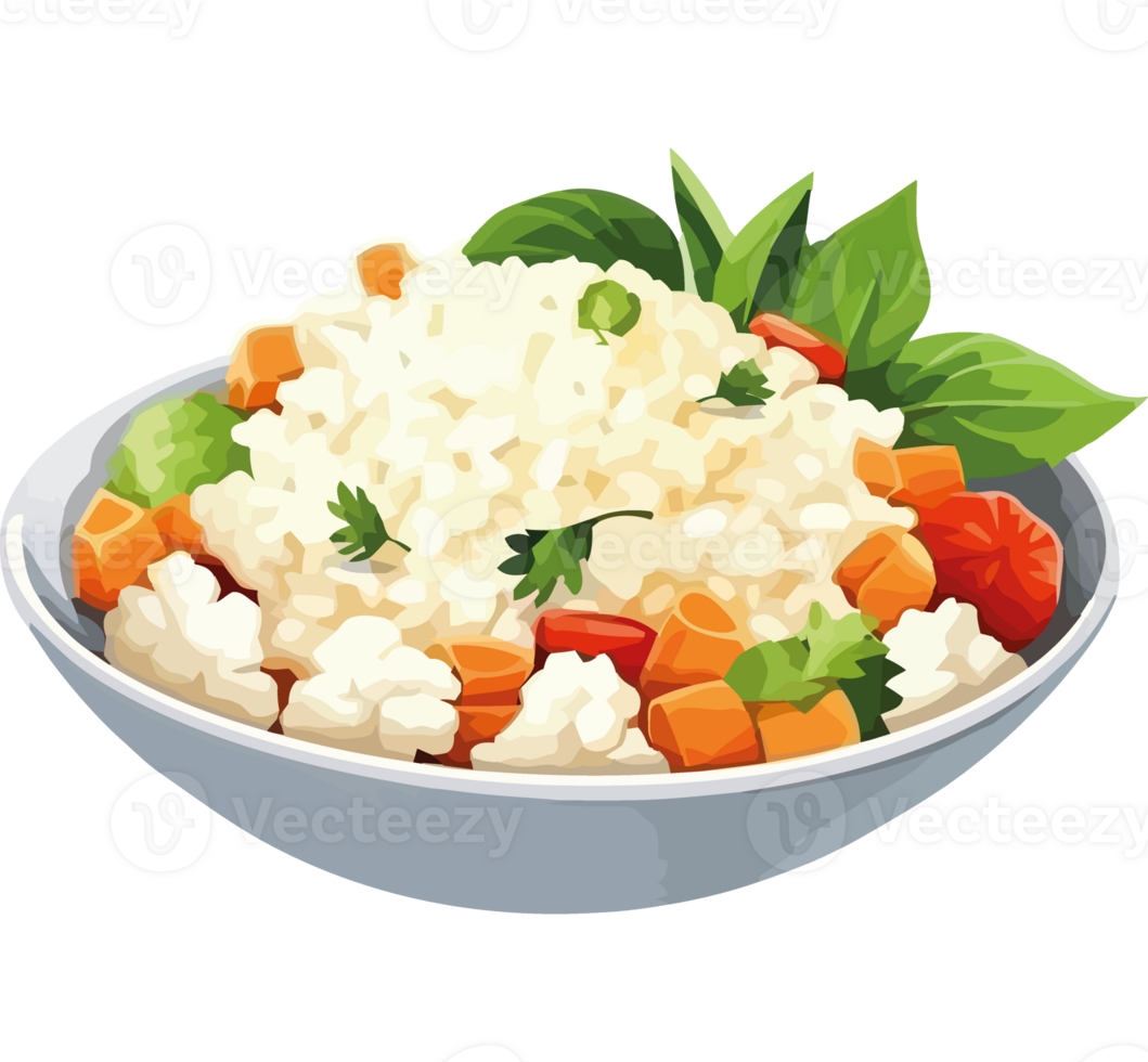 Rice with vegetables and herbs in a bowl png