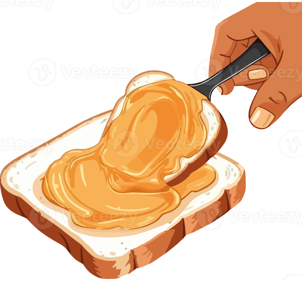 A hand is holding a spoon and dipping a piece of bread into peanut butter png