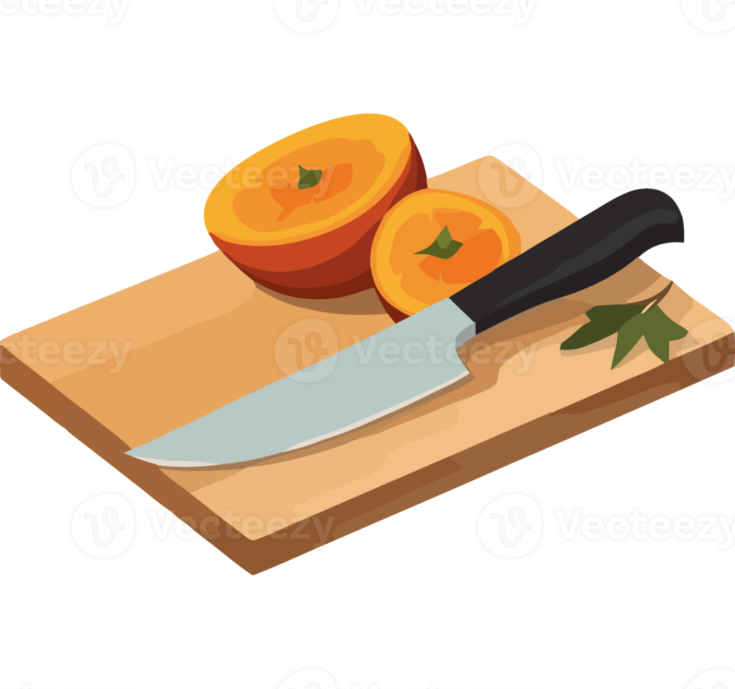 A knife and an orange on a cutting board png