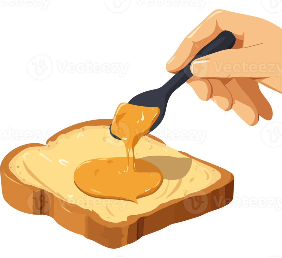 A person is holding a spoon and pouring peanut butter on toast png