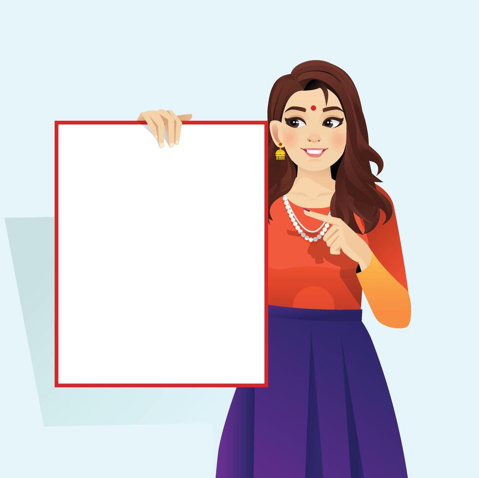 A Indian young girl holding blank whiteboard with white Background vector