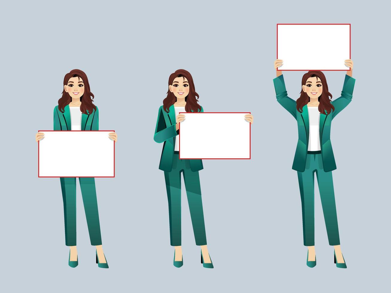 Set of office women wearing suit with holding blank whiteboard with white Background vector