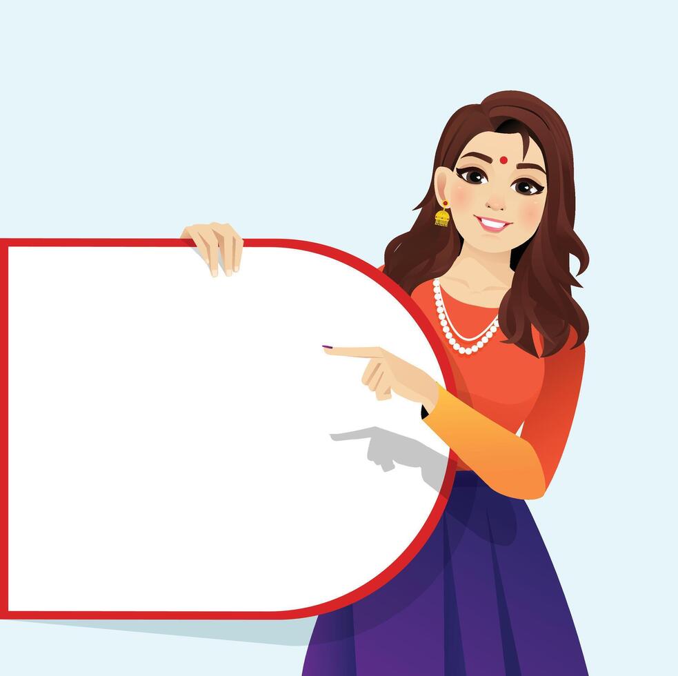 Indian Girl wearing Indian dress showing white board with Background vector