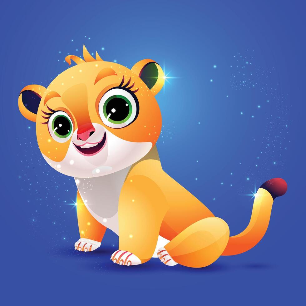 Illustration of a Cartoon Cute eyes lion yellow Cub, Character Design with a cute expression, Background vector