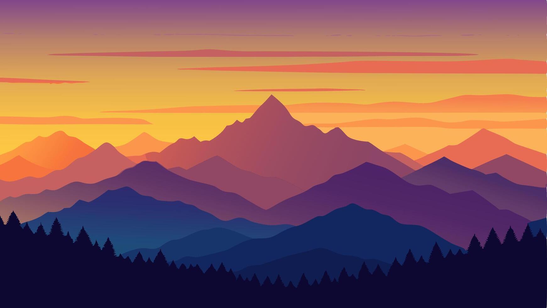 Mountains Landscape with Multiple Layers, Fog and Yellow, Blue and Purple Sky - with Space vector