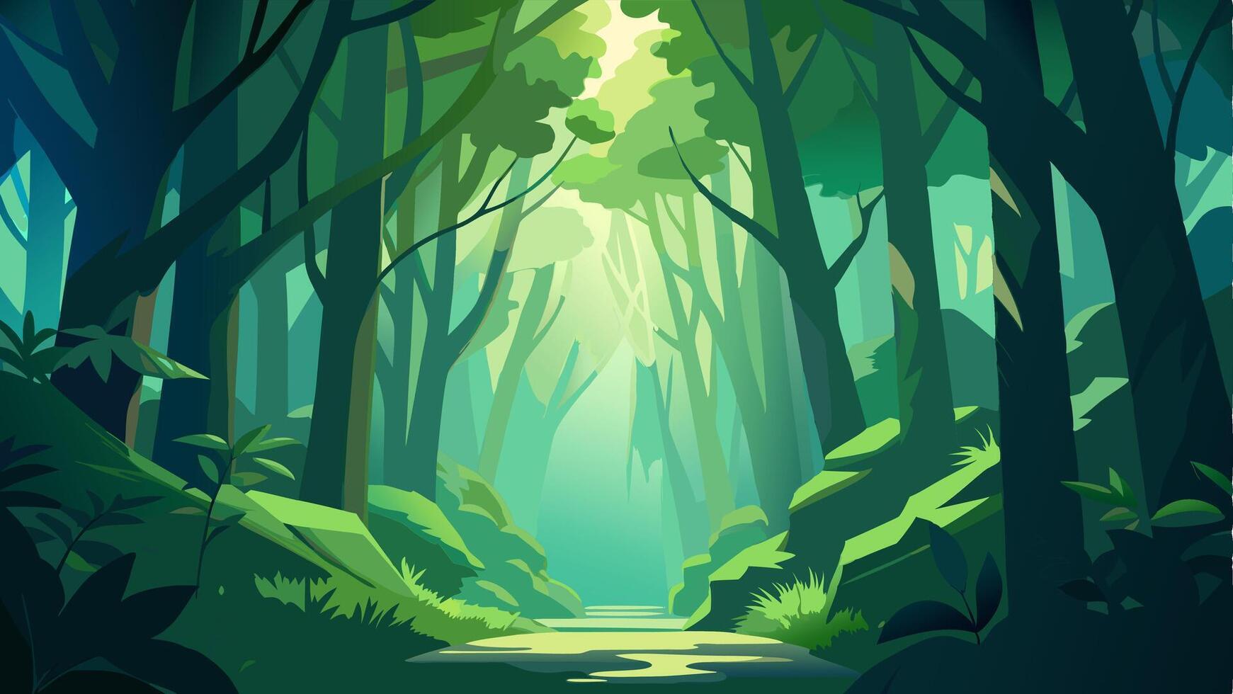 Green Nature Forest Background with lots of Tress, Plants and Sun Rays Touching the Plants and Trees. vector