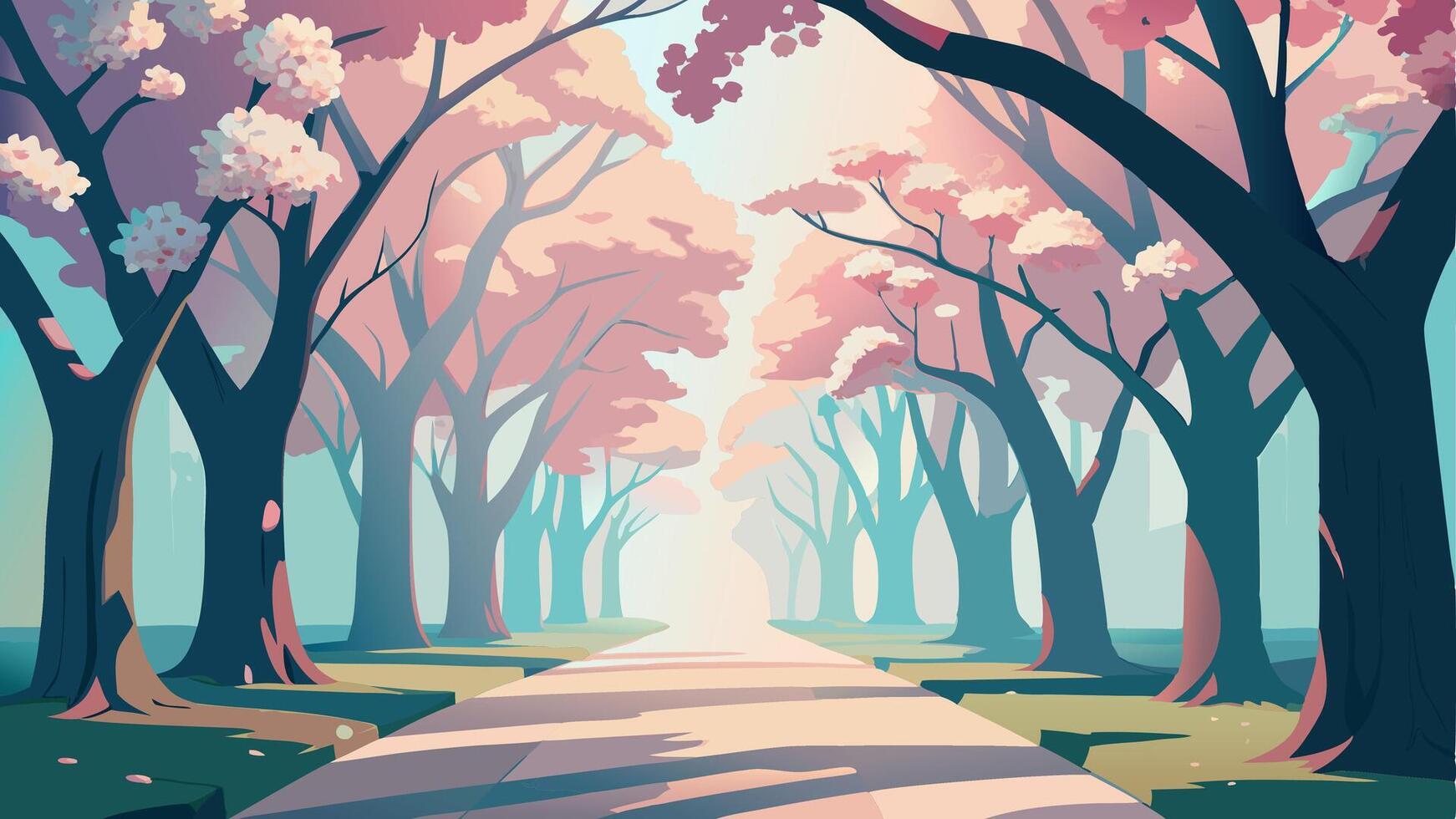 Road Near Green Park through Sakura Pink Trees with Falling Petals. Cherry Blossom, Cityscape View Cartoon Background. Fully Editable, Easy vector