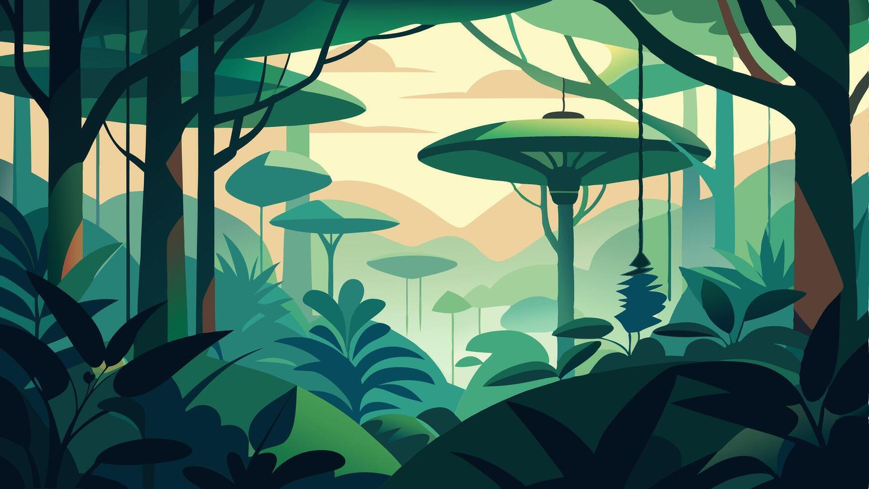 Green Forest Background with lots of Tress, Big Plants and Sun Rays Touching the Plants and Trees. vector