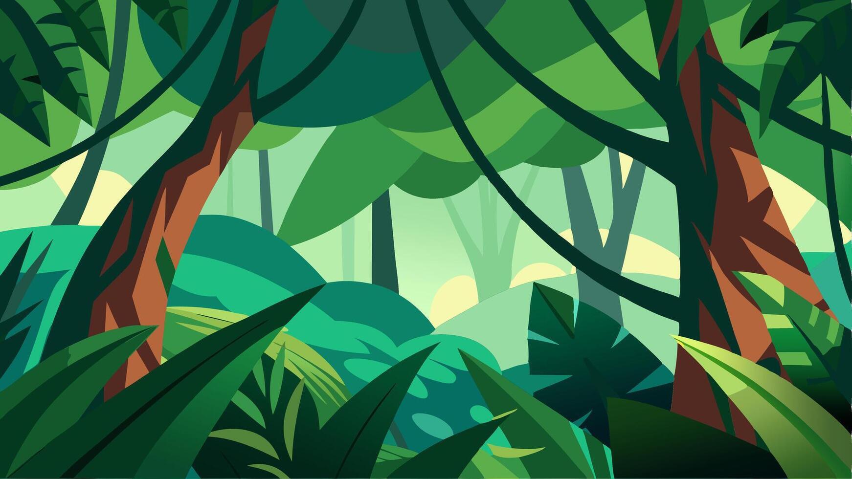 Green Forest Nature Yellow Background with lots of Tress, Plants and Sun Rays Touching the Plants and Trees. vector