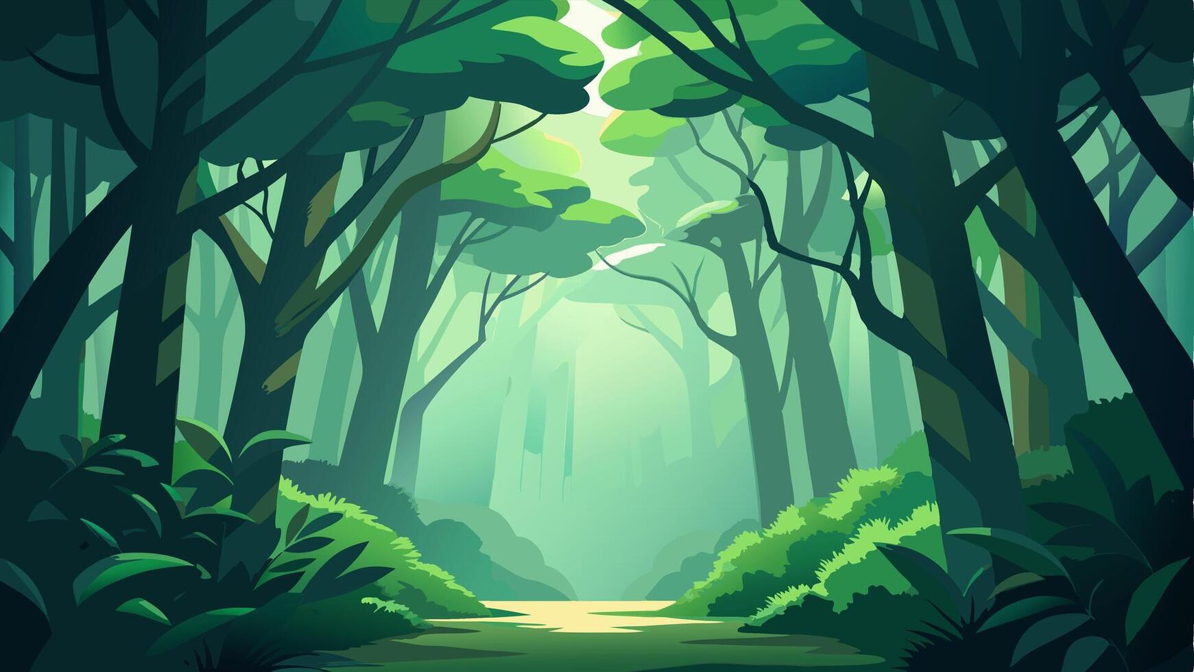 Green Forest illustration Background with lots of Tress, Plants and Sun Rays Touching the Plants and Trees. vector