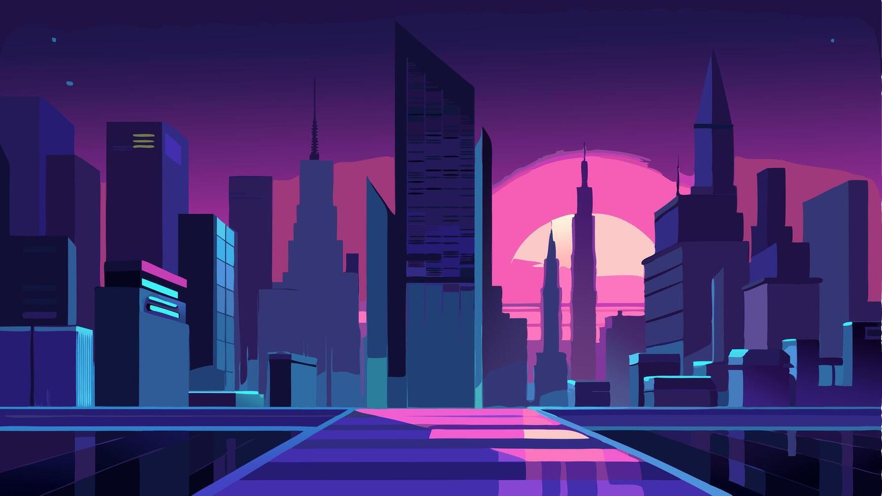 Fantastic Modern City in the Style of Cyberpunk. Illustration in Retro
