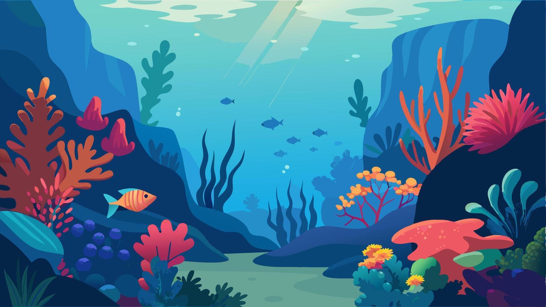 Under the Sea Landscape Background. Ocean Underwater World. Ocean Nature Inhabitants. Silhouette Ocean Bottom. Marine Underwater Life. vector