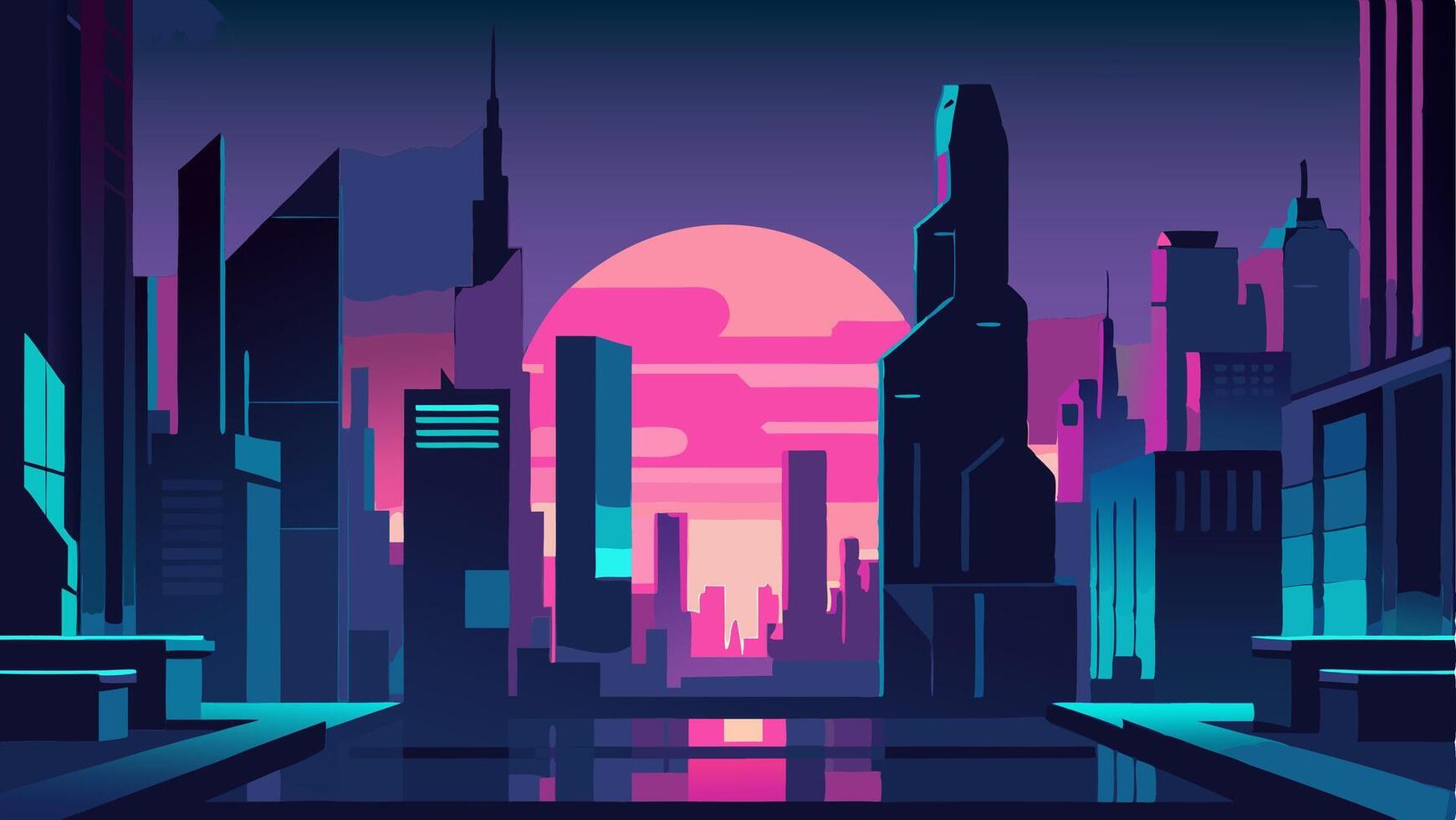 Fantastic City in the Style of Cyberpunk. Illustration in Neon Colors. Night City of the Future. Template a Horizontal Banner. vector