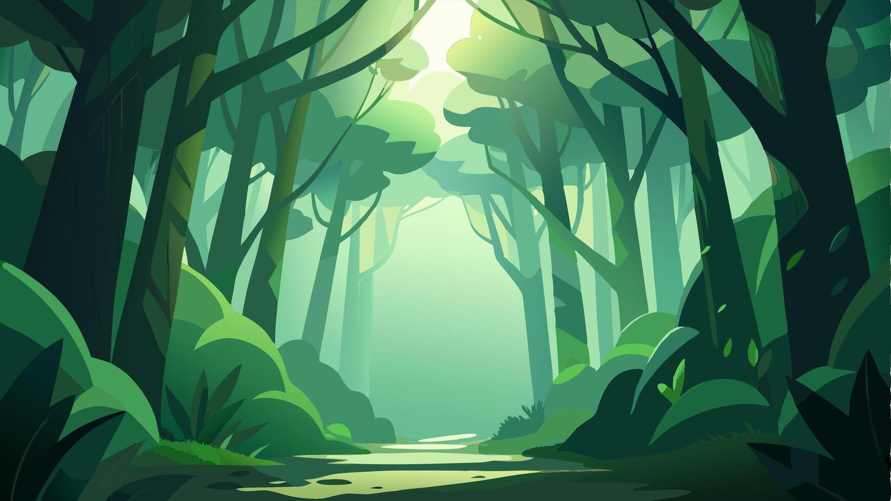 Nature Yellow and Green Forest Background with lots of Tress, Plants and Sun Rays Touching the Plants and Trees. vector
