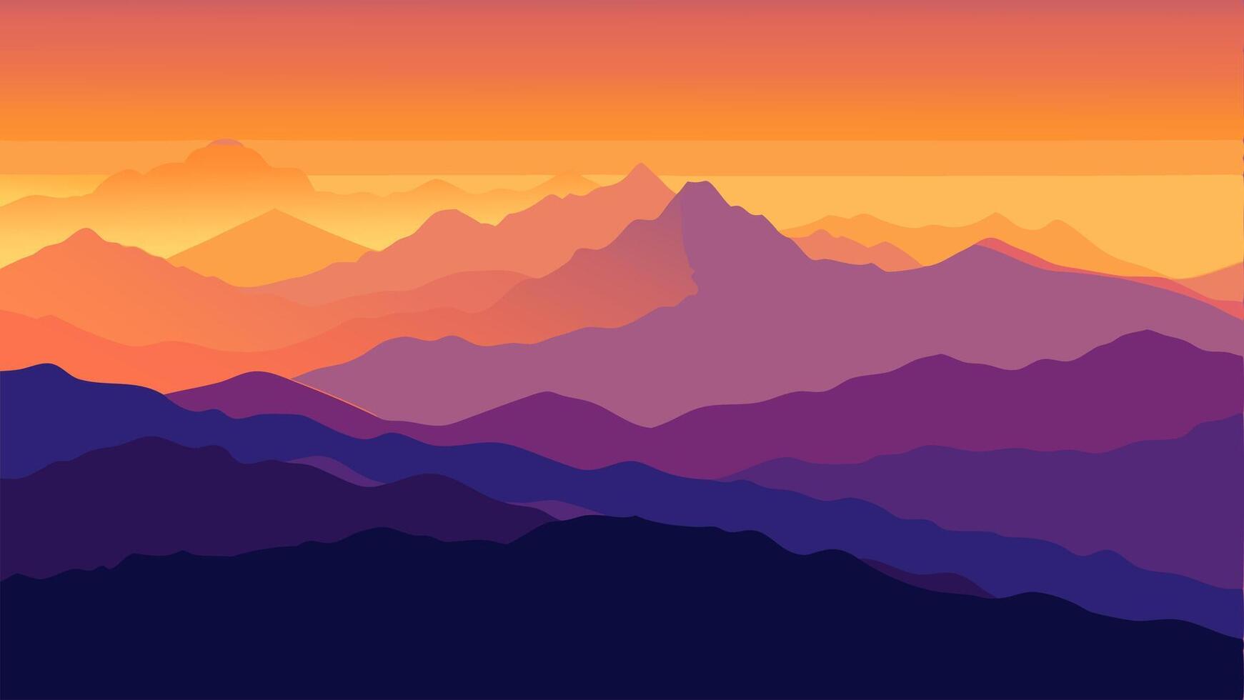 Mountains Landscape Illustration with Multiple Layers, Fog and Yellow, Blue and Purple Sky - with Space for Text vector