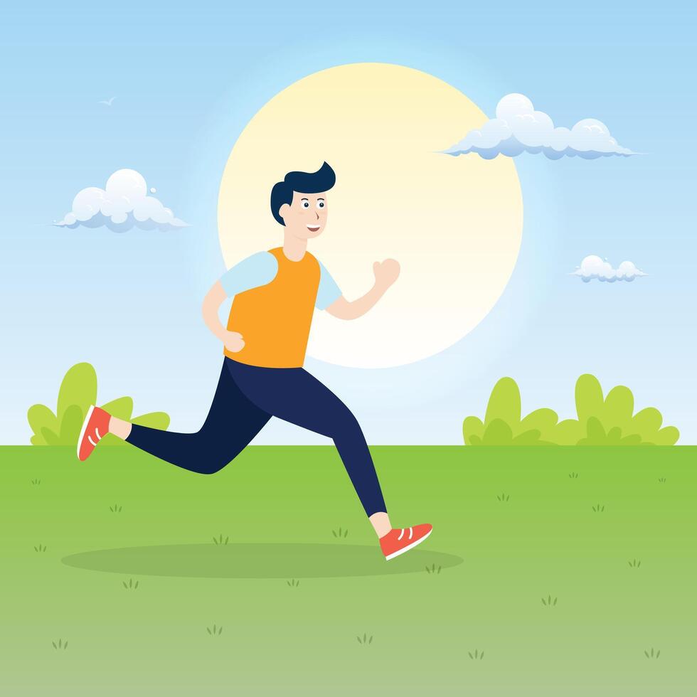 man exercise with run jogging for health outdoor park in morning cool light, flat illustration design vector