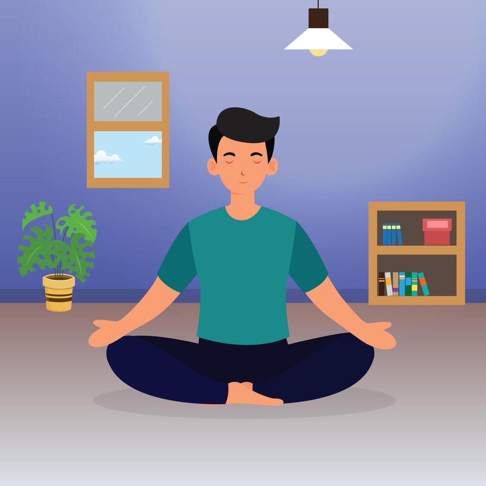 man meditate indoor home for helth illustration soft bright color design vector