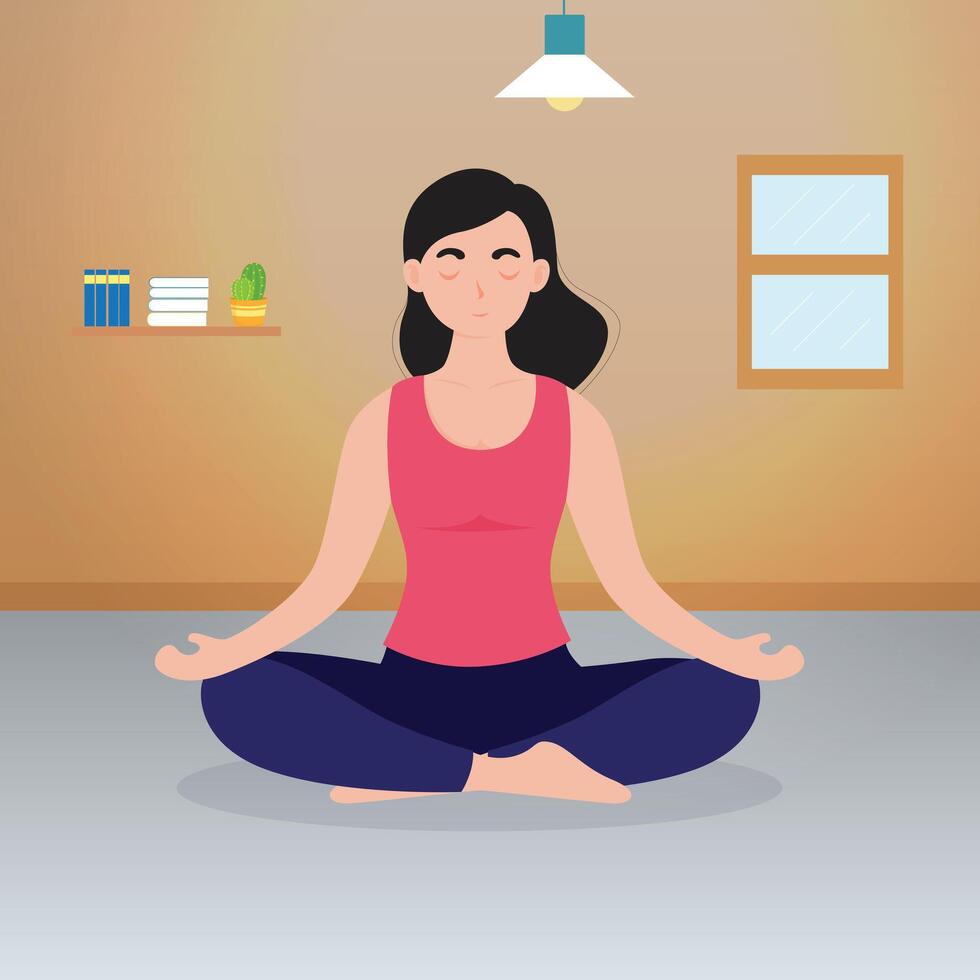 woman meditate in home for health illustration soft bright color design vector